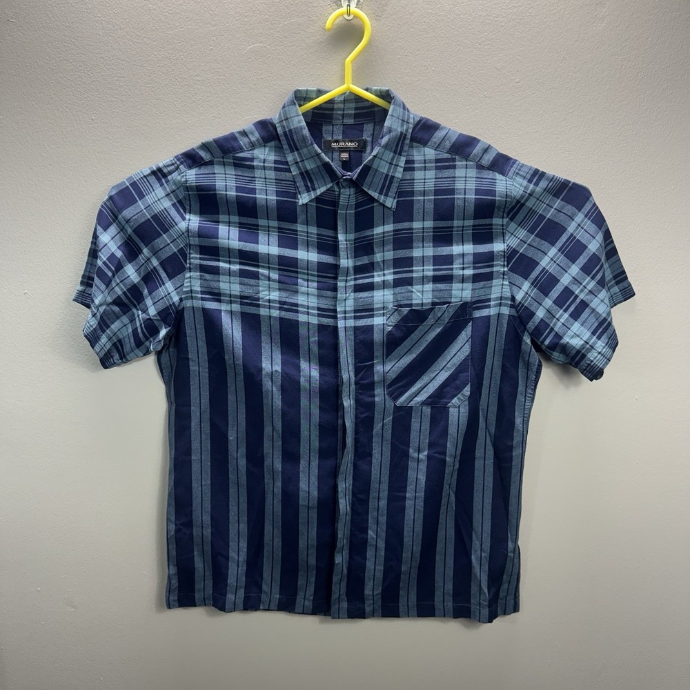 Murano Men's Short Sleeve Zip-Front Plaid and Striped Shirt Size L